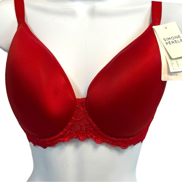 ⚫️⚫️⚫️ SIMONE PÉRÈLE Red Bra Lace Trim Underwire NWT Size 32DD - Picture 1 of 11